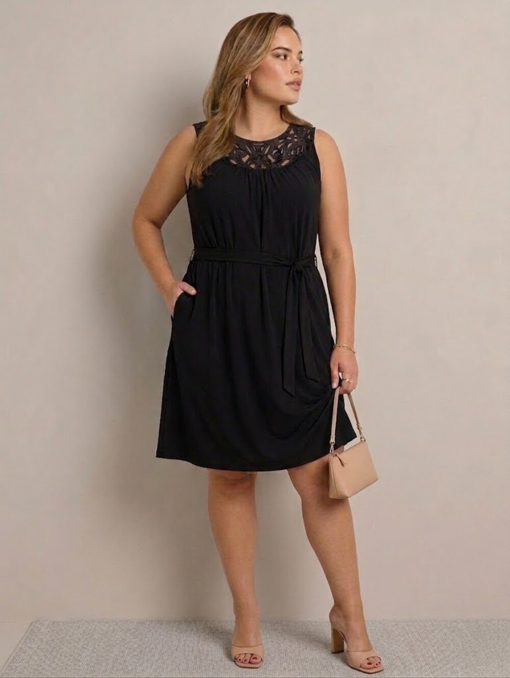 Penningtons Size 1X Black Sleeve Dress Sequin Beaded CutOut Neckline Tie Waist